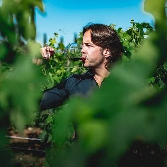 A photo of Bernardino Sani drinking wine from a glass while surrounded by grapevines. 
