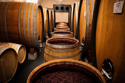 A medium shot of large barrels containing smashed grapes inside the Nals Margreid Winery. The scene features soft warm lighting.